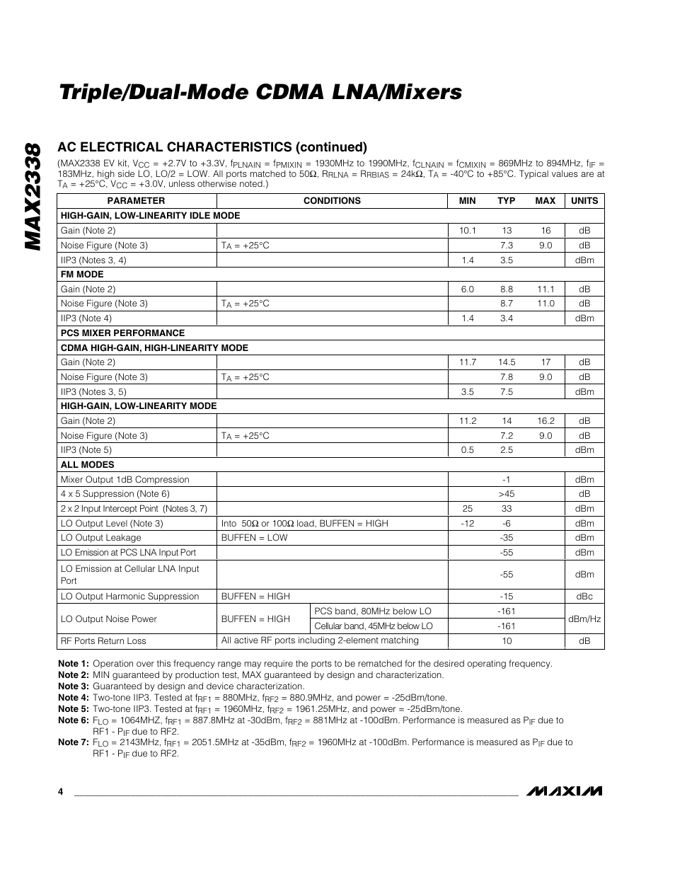 Max2338 triple/dual-mode cdma lna/mixers, Ac electrical characteristics (continued) | Rainbow Electronics MAX2338 User Manual | Page 4 / 13