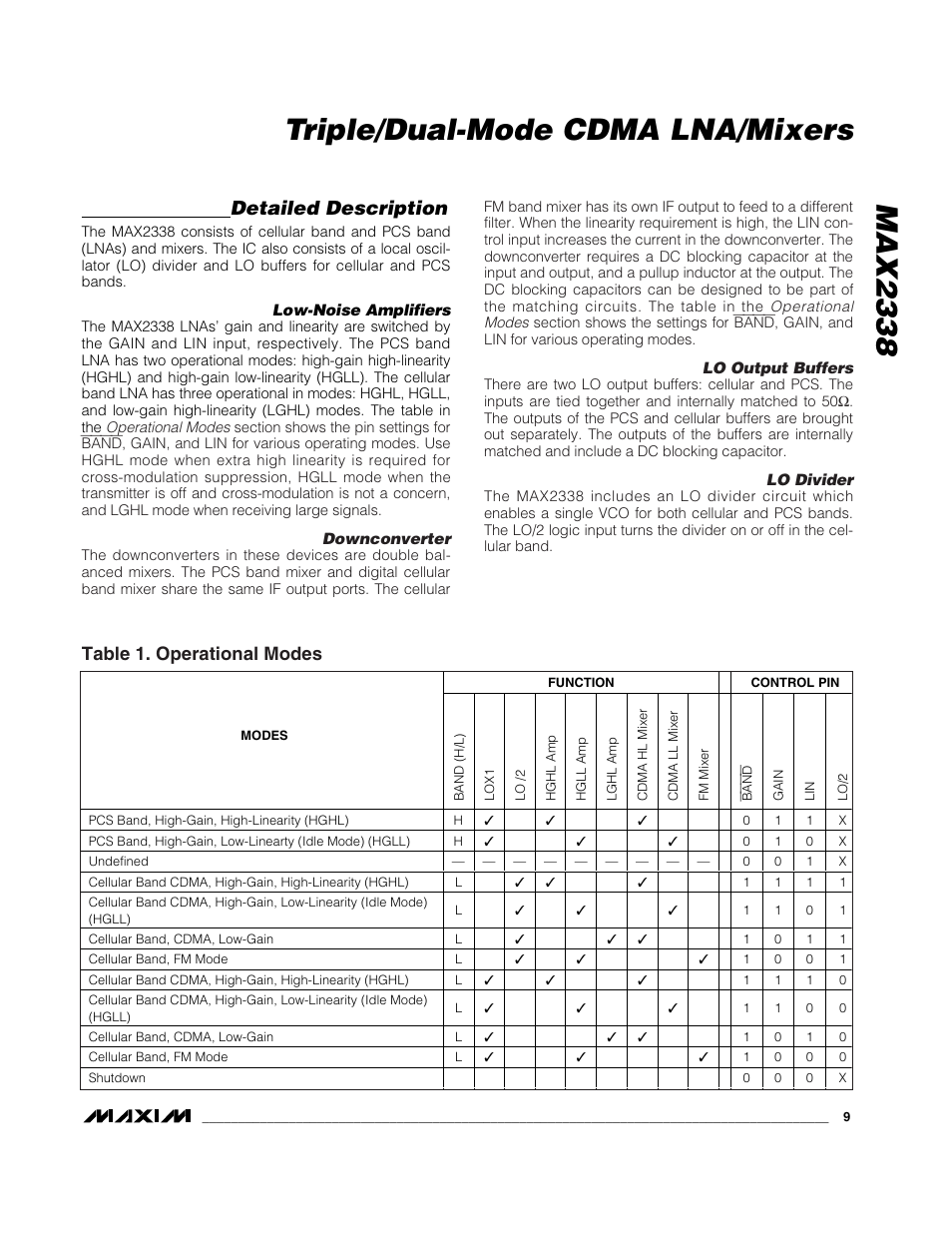 Max2338 triple/dual-mode cdma lna/mixers, Detailed description, Table 1. operational modes | Rainbow Electronics MAX2338 User Manual | Page 9 / 13