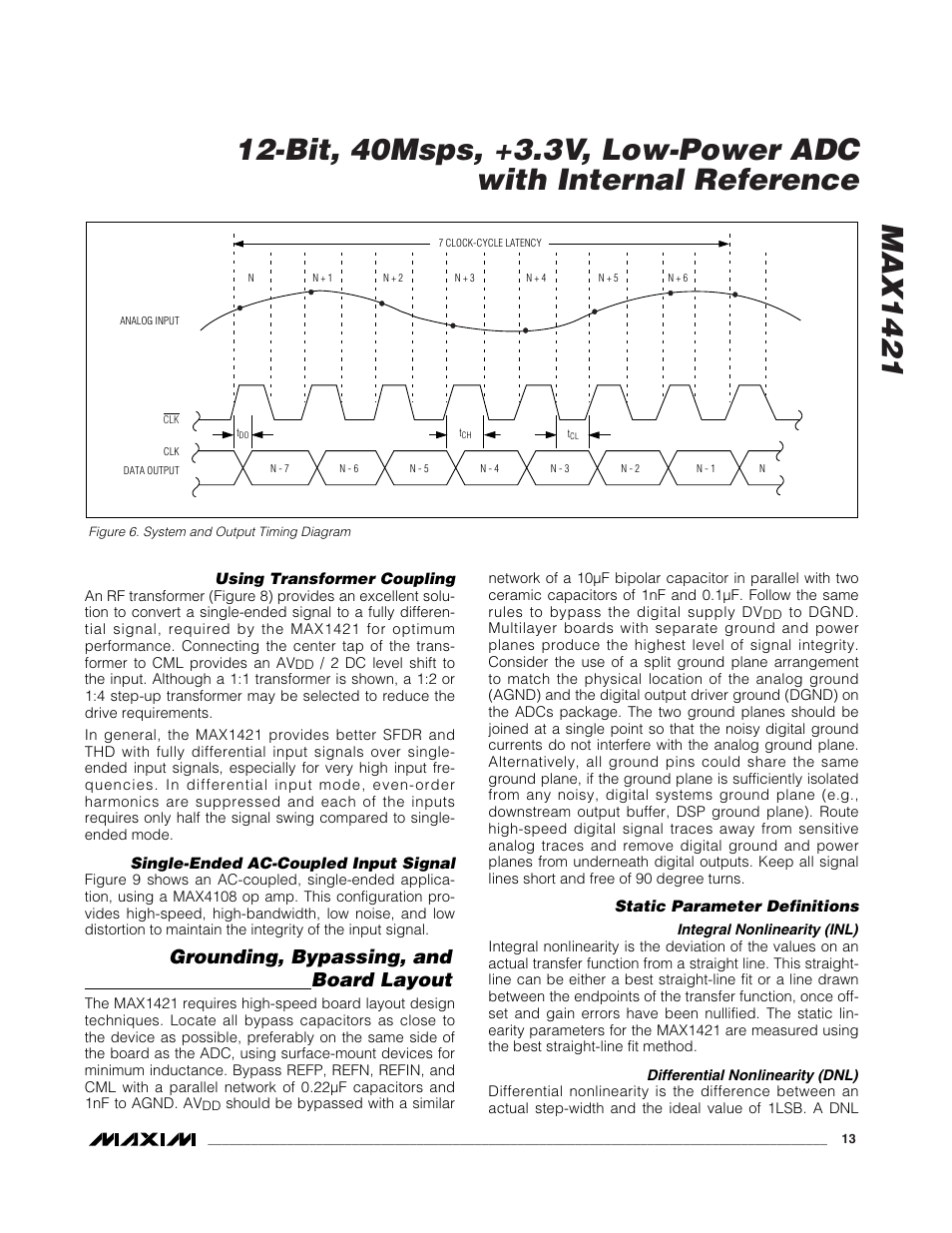 Grounding, bypassing, and board layout | Rainbow Electronics MAX1421 User Manual | Page 13 / 17