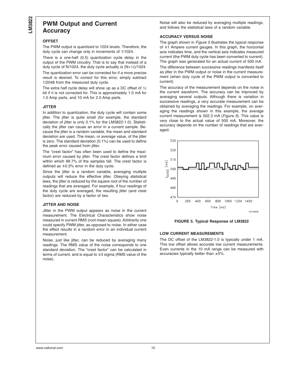 Pwm output and current accuracy, Offset, Jitter | Jitter and noise, Accuracy versus noise, Figure 5. typical response of lm3822, Low current measurements, Lm3822 | Rainbow Electronics LM3822 User Manual | Page 10 / 13
