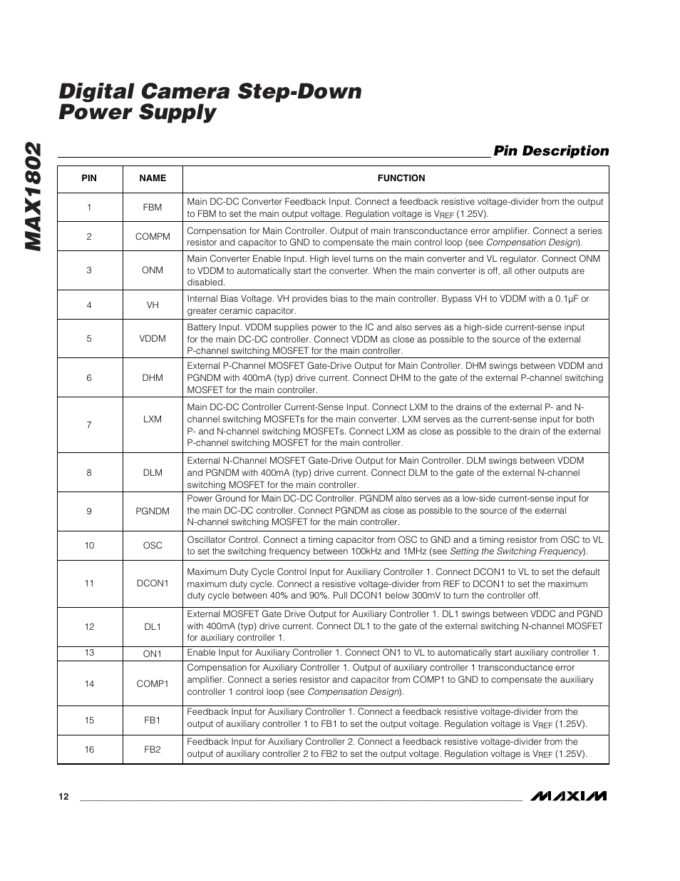 Max1802 digital camera step-down power supply, Pin description | Rainbow Electronics MAX1802 User Manual | Page 12 / 28