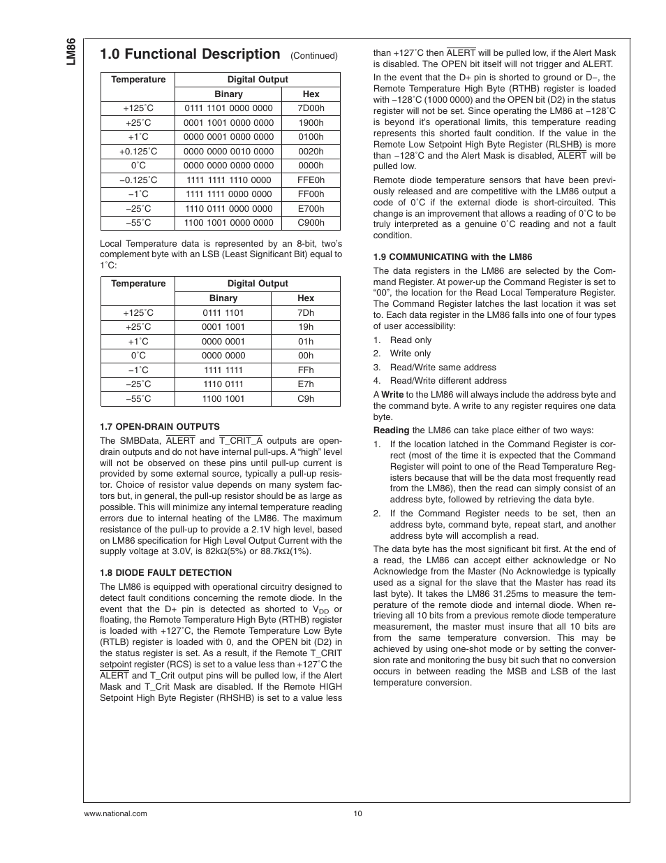 7 open-drain outputs, 8 diode fault detection, 9 communicating with the lm86 | 0 functional description | Rainbow Electronics LM86 User Manual | Page 10 / 21