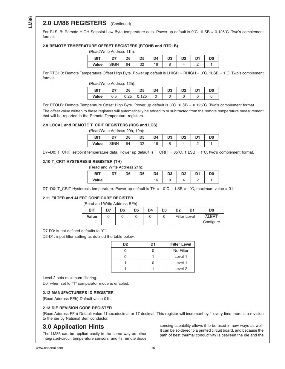 9 local and remote t_crit registers (rcs and lcs), 10 t_crit hysteresis register (th), 11 filter and alert configure register | 12 manufacturers id register, 13 die revision code register, 0 application hints, 0 lm86 registers | Rainbow Electronics LM86 User Manual | Page 16 / 21