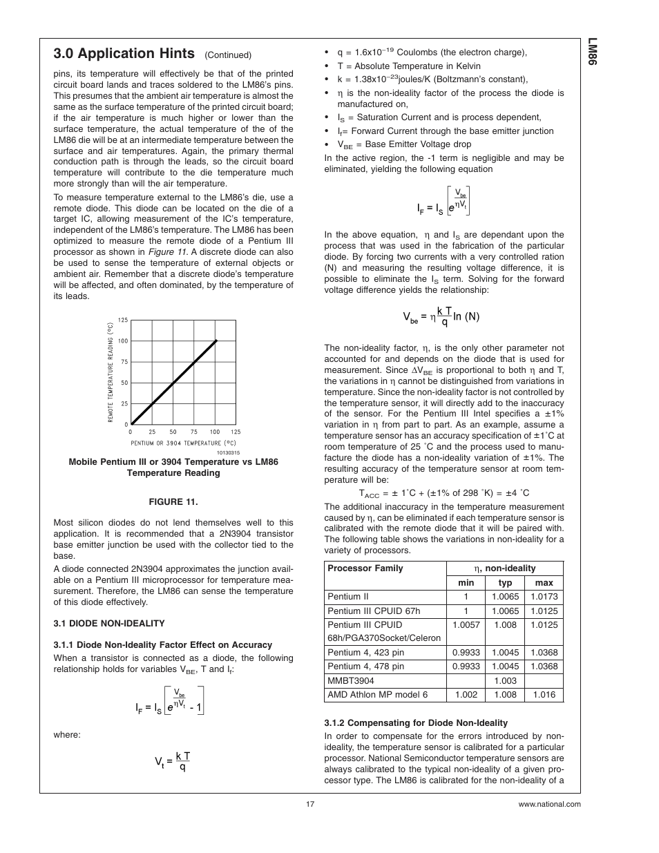 Figure 11, 1 diode non-ideality, 1 diode non-ideality factor effect on accuracy | 2 compensating for diode non-ideality, 0 application hints | Rainbow Electronics LM86 User Manual | Page 17 / 21