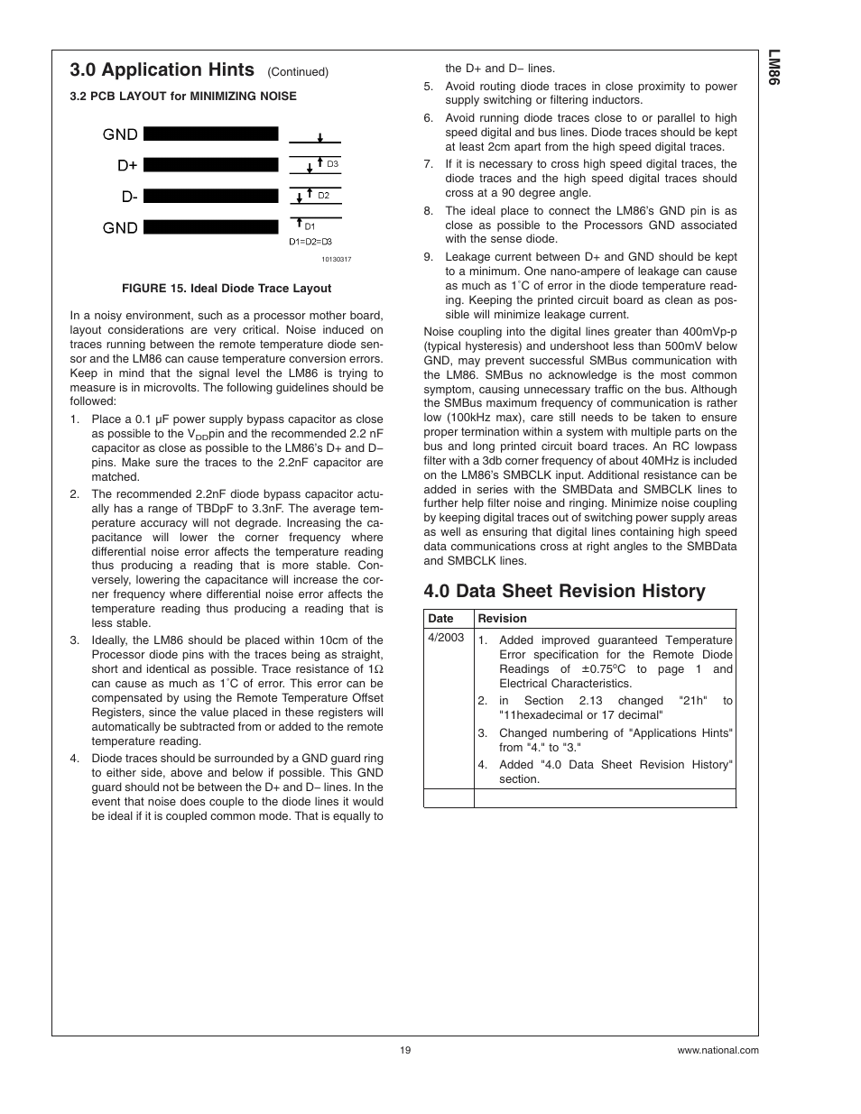 2 pcb layout for minimizing noise, Figure 15. ideal diode trace layout, 0 data sheet revision history | 0 application hints | Rainbow Electronics LM86 User Manual | Page 19 / 21