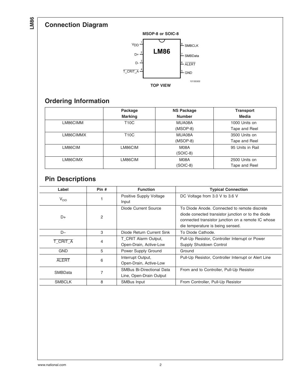 Connection diagram, Ordering information, Pin descriptions | Rainbow Electronics LM86 User Manual | Page 2 / 21