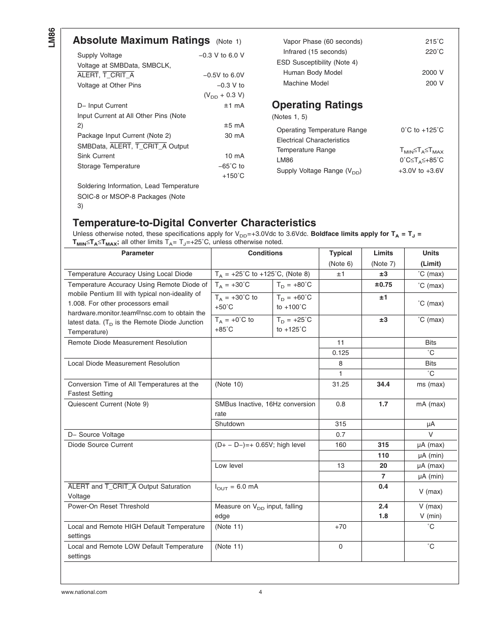 Absolute maximum ratings, Operating ratings, Temperature-to-digital converter characteristics | Lm86 | Rainbow Electronics LM86 User Manual | Page 4 / 21