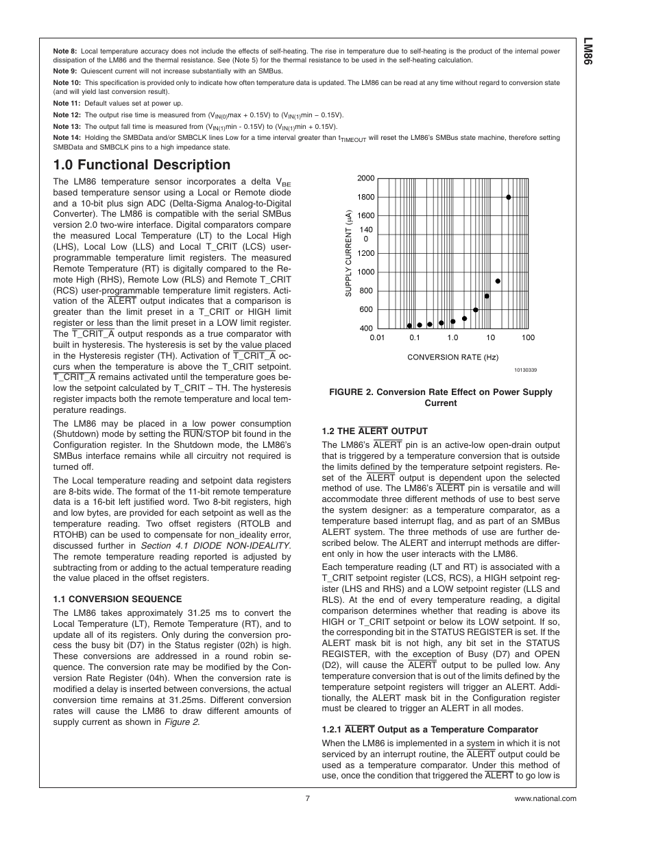 0 functional description, 1 conversion sequence, 2 the alert output | 1 alert output as a temperature comparator, Note 8), Note 10), Note 9), Note 11), Note 12), Note 13) | Rainbow Electronics LM86 User Manual | Page 7 / 21