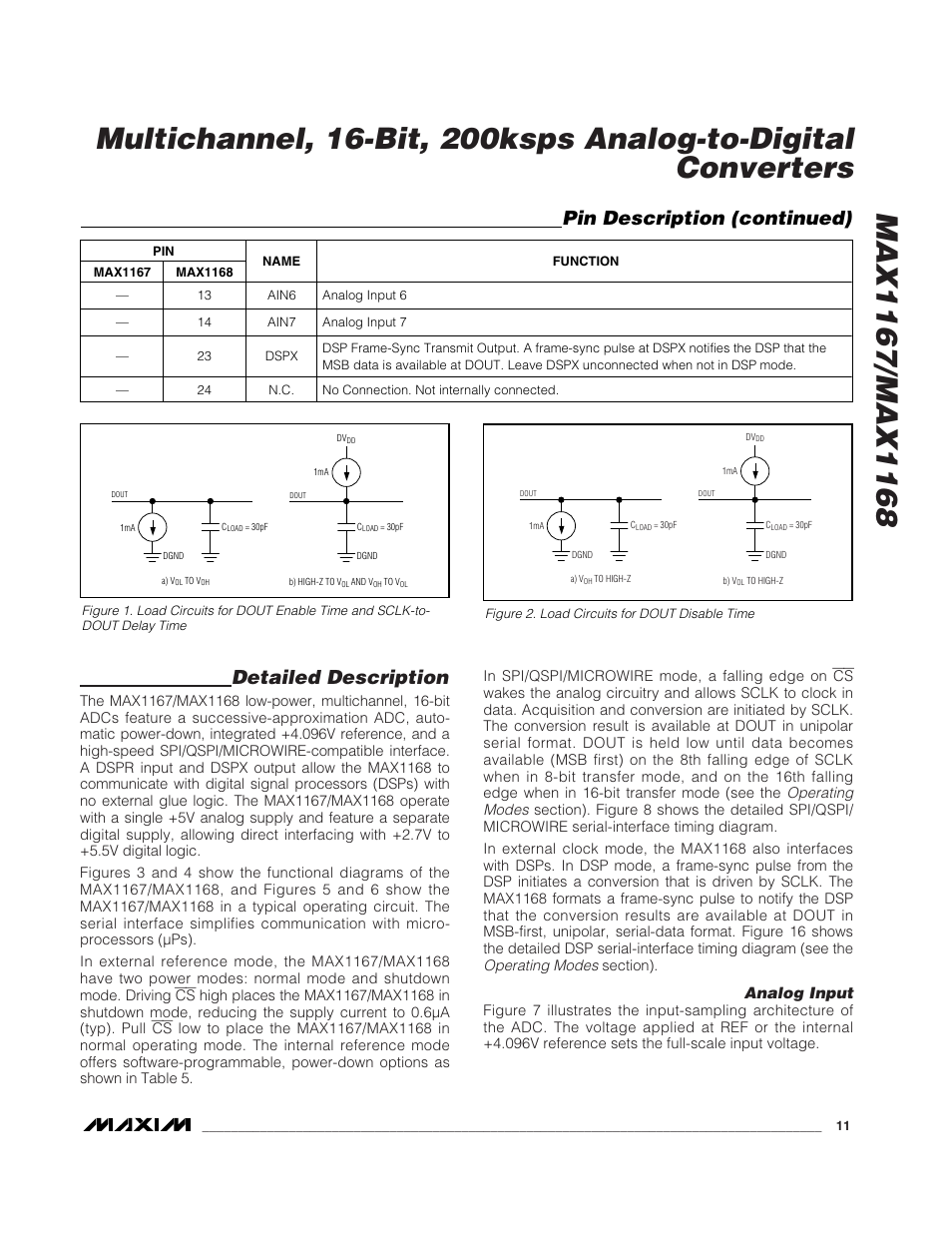 Detailed description, Pin description (continued), Analog input | Rainbow Electronics MAX1168 User Manual | Page 11 / 30