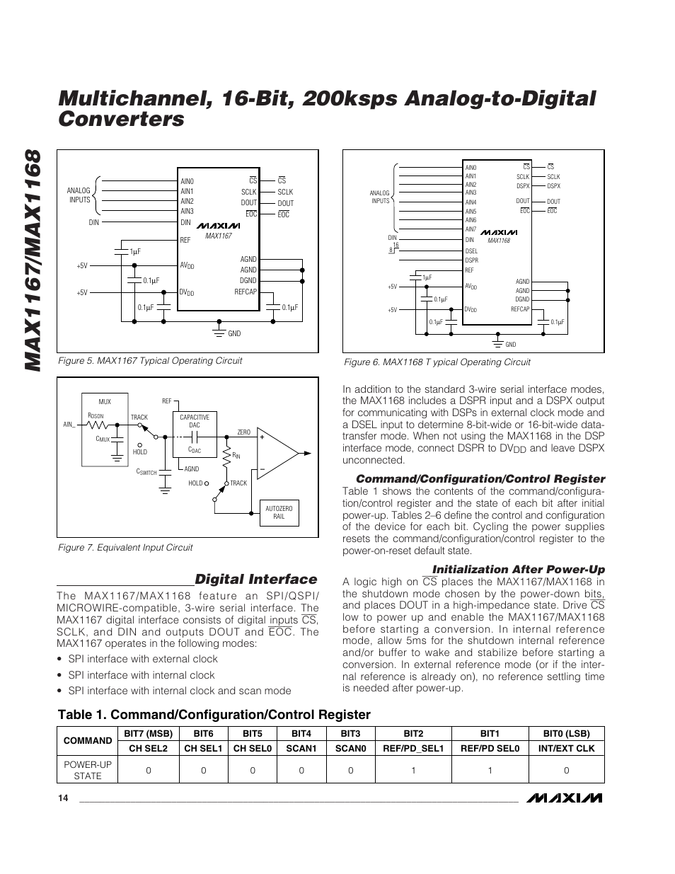 Digital interface, Table 1. command/configuration/control register, Command/configuration/control register | Initialization after power-up, And leave dspx unconnected | Rainbow Electronics MAX1168 User Manual | Page 14 / 30