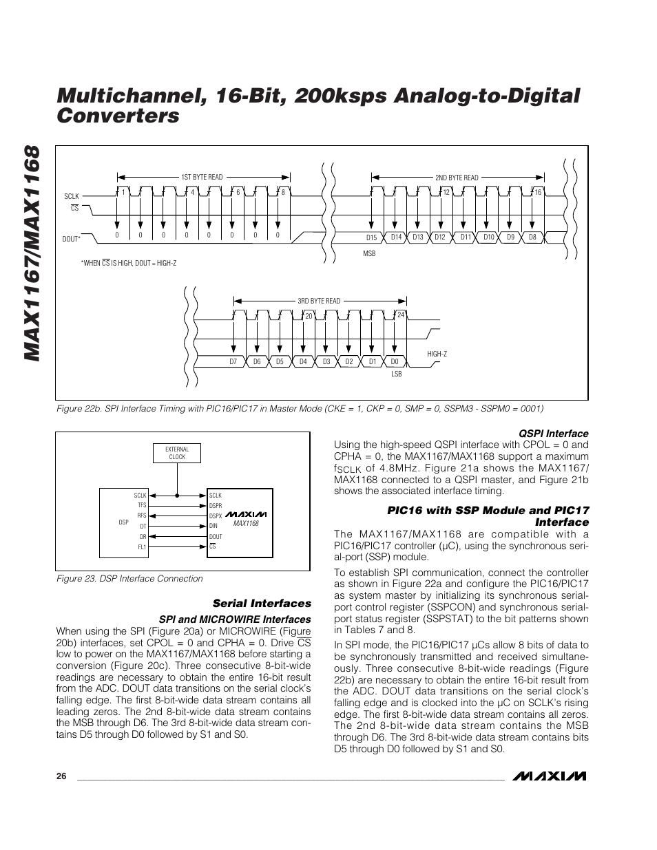 Serial interfaces, Pic16 with ssp module and pic17 interface | Rainbow Electronics MAX1168 User Manual | Page 26 / 30