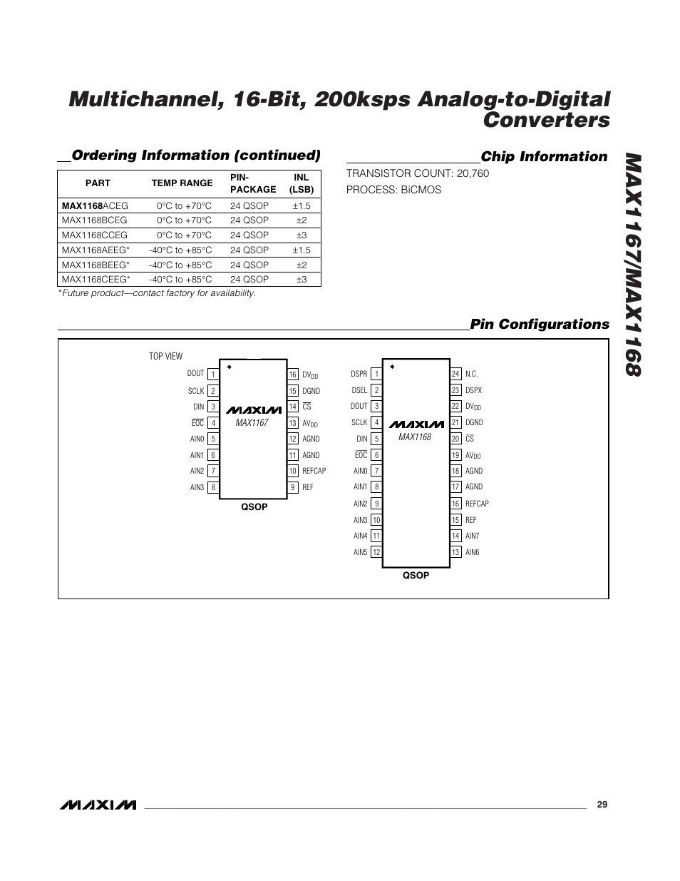 Pin configurations chip information, Ordering information (continued) | Rainbow Electronics MAX1168 User Manual | Page 29 / 30