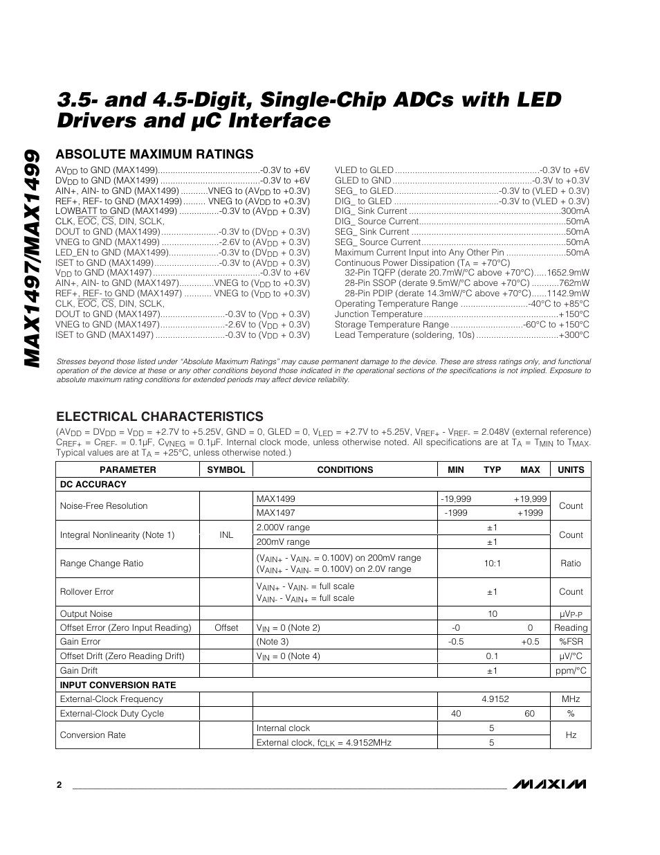 Absolute maximum ratings, Electrical characteristics | Rainbow Electronics MAX1499 User Manual | Page 2 / 33