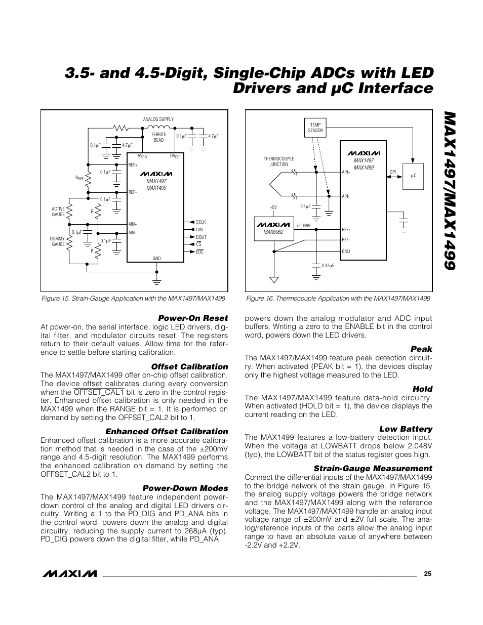 Power-on reset, Offset calibration, Enhanced offset calibration | Power-down modes, Peak, Hold, Low battery, Strain-gauge measurement | Rainbow Electronics MAX1499 User Manual | Page 25 / 33