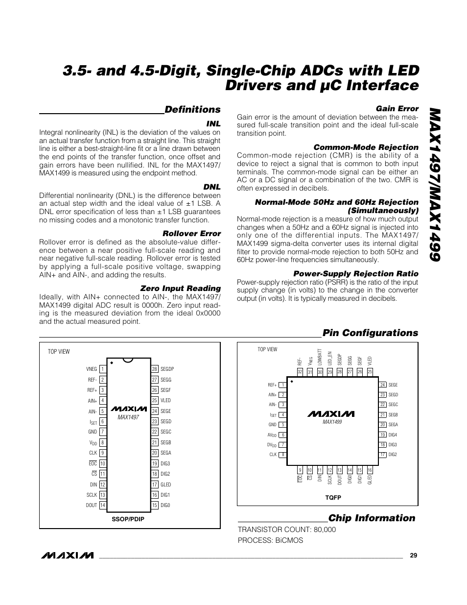 Definitions, Pin configurations chip information, Rollover error | Zero input reading, Gain error, Common-mode rejection, Power-supply rejection ratio | Rainbow Electronics MAX1499 User Manual | Page 29 / 33