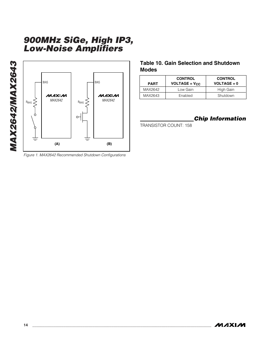 Chip information, Table 10. gain selection and shutdown modes | Rainbow Electronics MAX2643 User Manual | Page 14 / 16