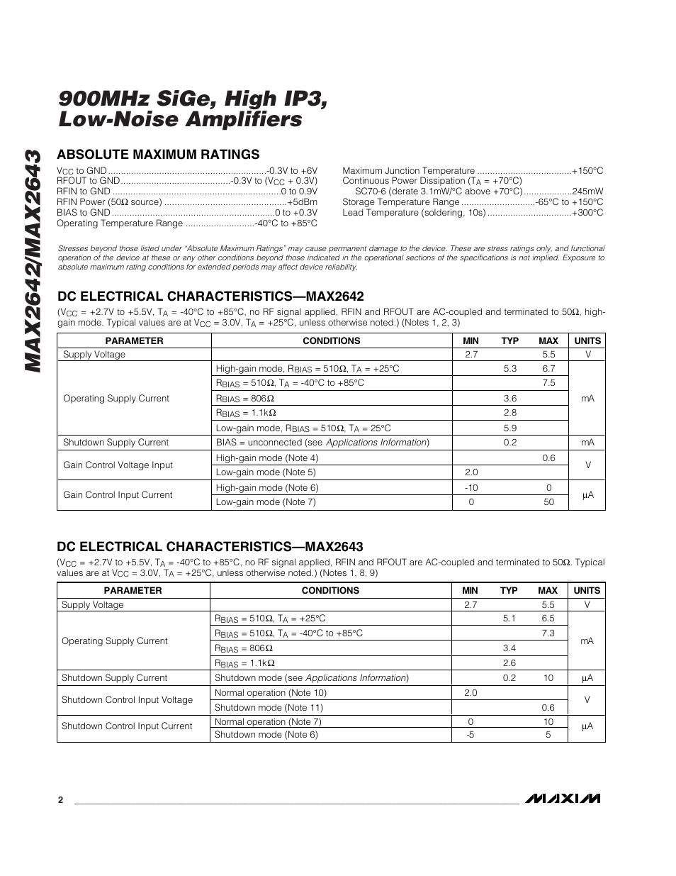 Dc electrical characteristics—max2643 | Rainbow Electronics MAX2643 User Manual | Page 2 / 16