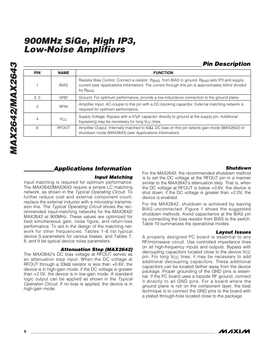 Pin description, Applications information | Rainbow Electronics MAX2643 User Manual | Page 6 / 16