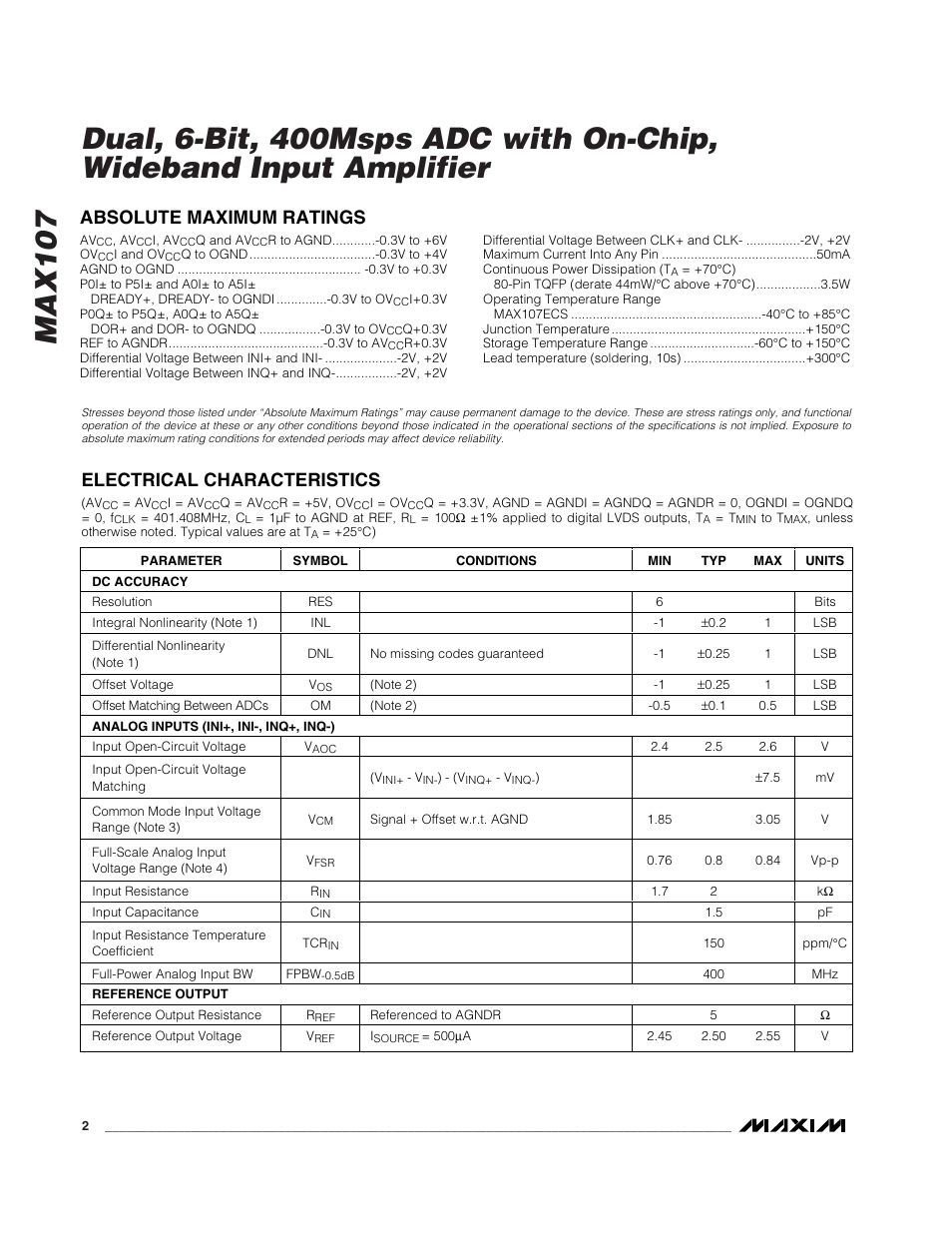 Absolute maximum ratings, Electrical characteristics | Rainbow Electronics MAX107 User Manual | Page 2 / 21