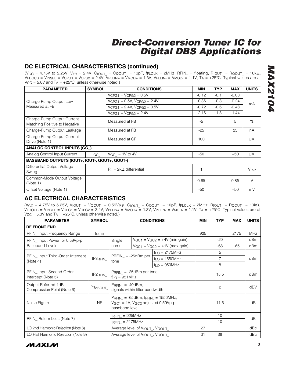Dc electrical characteristics (continued), Ac electrical characteristics | Rainbow Electronics MAX2104 User Manual | Page 3 / 9