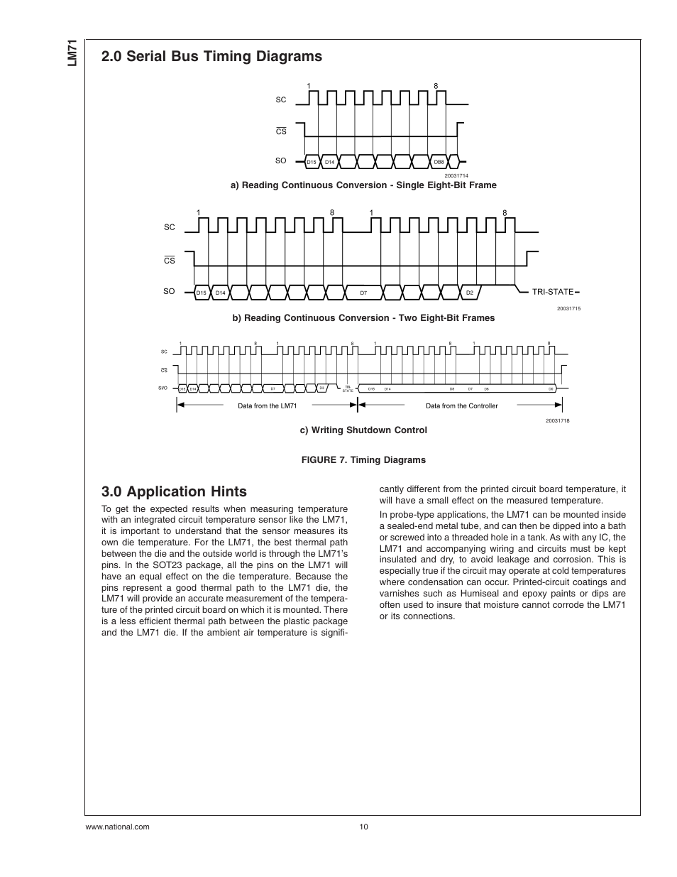 0 serial bus timing diagrams, Figure 7. timing diagrams, 0 application hints | 0 serial bus timing diagrams 3.0 application hints | Rainbow Electronics LM71 User Manual | Page 10 / 13