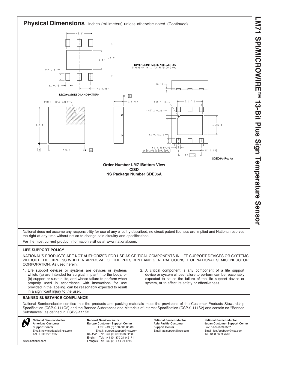 Lm71 spi/microwire, Bit plus sign t emperature sensor, Physical dimensions | Rainbow Electronics LM71 User Manual | Page 13 / 13