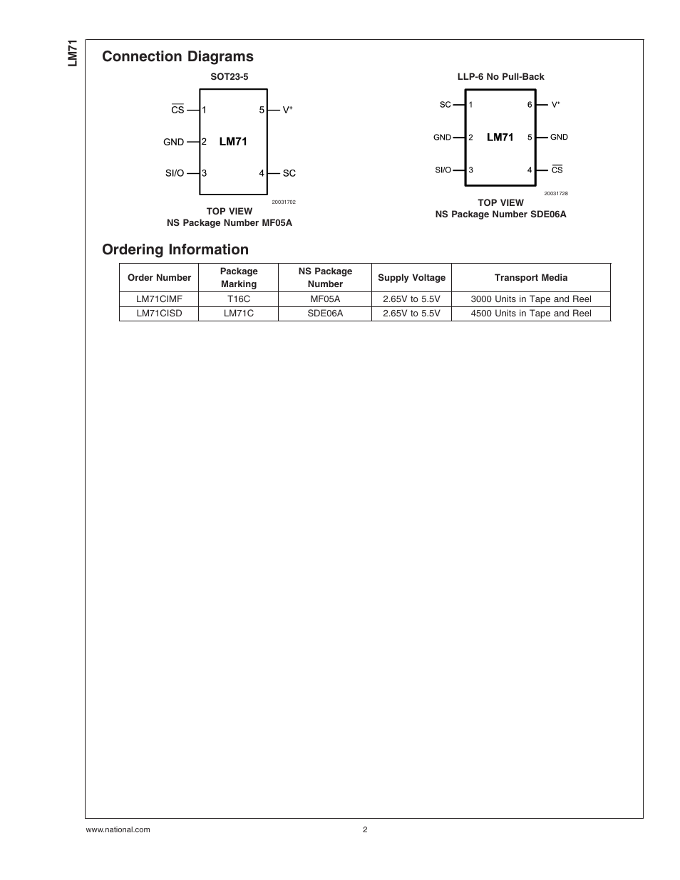 Connection diagrams, Ordering information | Rainbow Electronics LM71 User Manual | Page 2 / 13