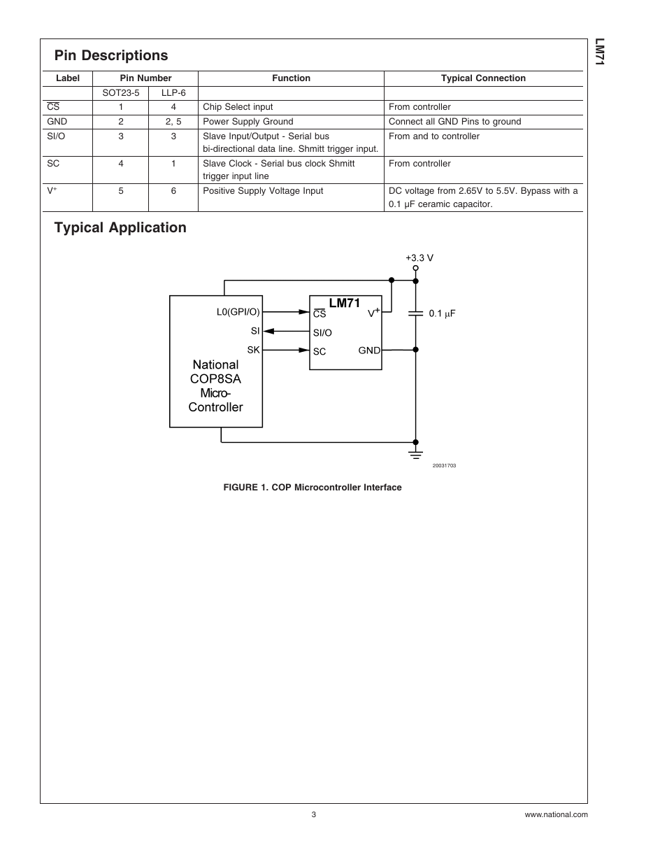 Pin descriptions, Typical application, Figure 1. cop microcontroller interface | Rainbow Electronics LM71 User Manual | Page 3 / 13