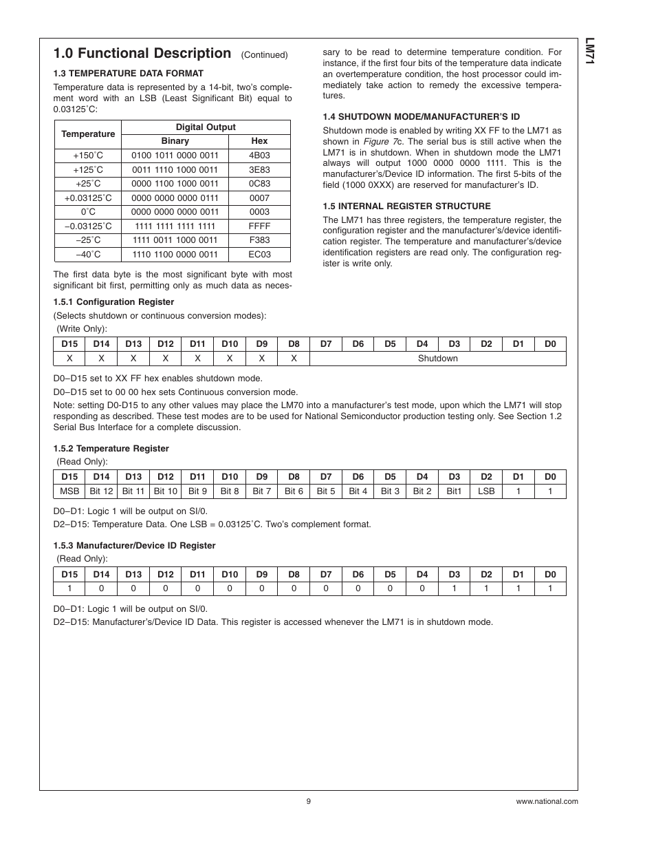 3 temperature data format, 4 shutdown mode/manufacturer's id, 5 internal register structure | 1 configuration register, 2 temperature register, 3 manufacturer/device id register, 0 functional description | Rainbow Electronics LM71 User Manual | Page 9 / 13