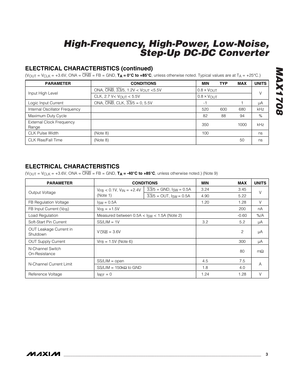 Electrical characteristics (continued), Electrical characteristics | Rainbow Electronics MAX1708 User Manual | Page 3 / 13