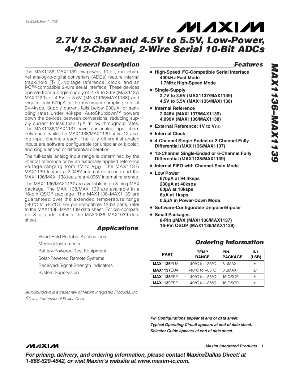 Rainbow Electronics MAX1139 User Manual | 22 pages