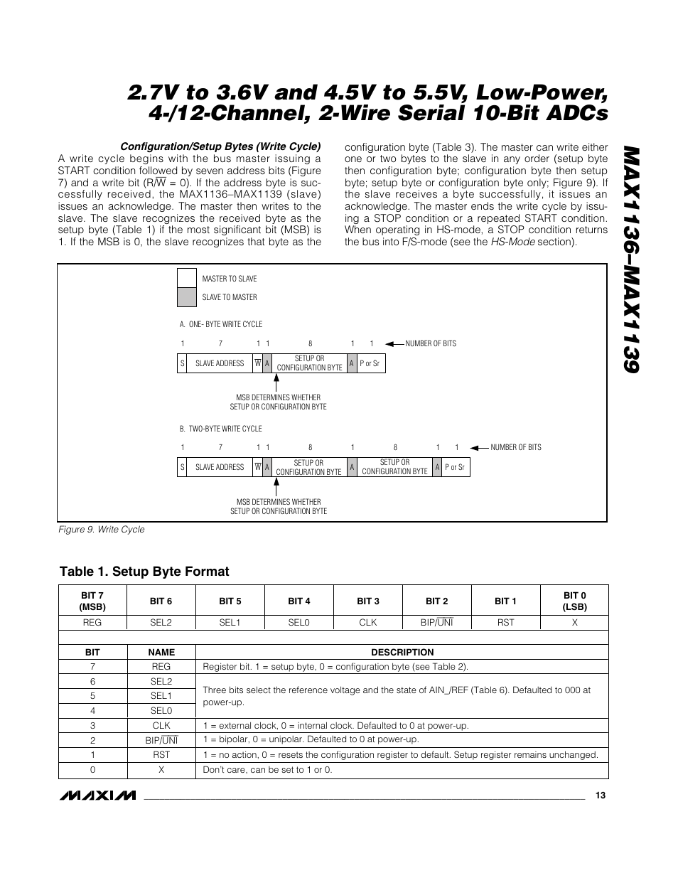 Table 1. setup byte format | Rainbow Electronics MAX1139 User Manual | Page 13 / 22