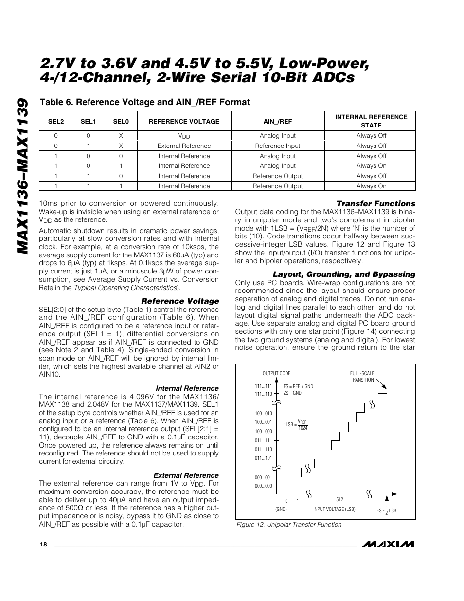 Table 6. reference voltage and ain_/ref format | Rainbow Electronics MAX1139 User Manual | Page 18 / 22