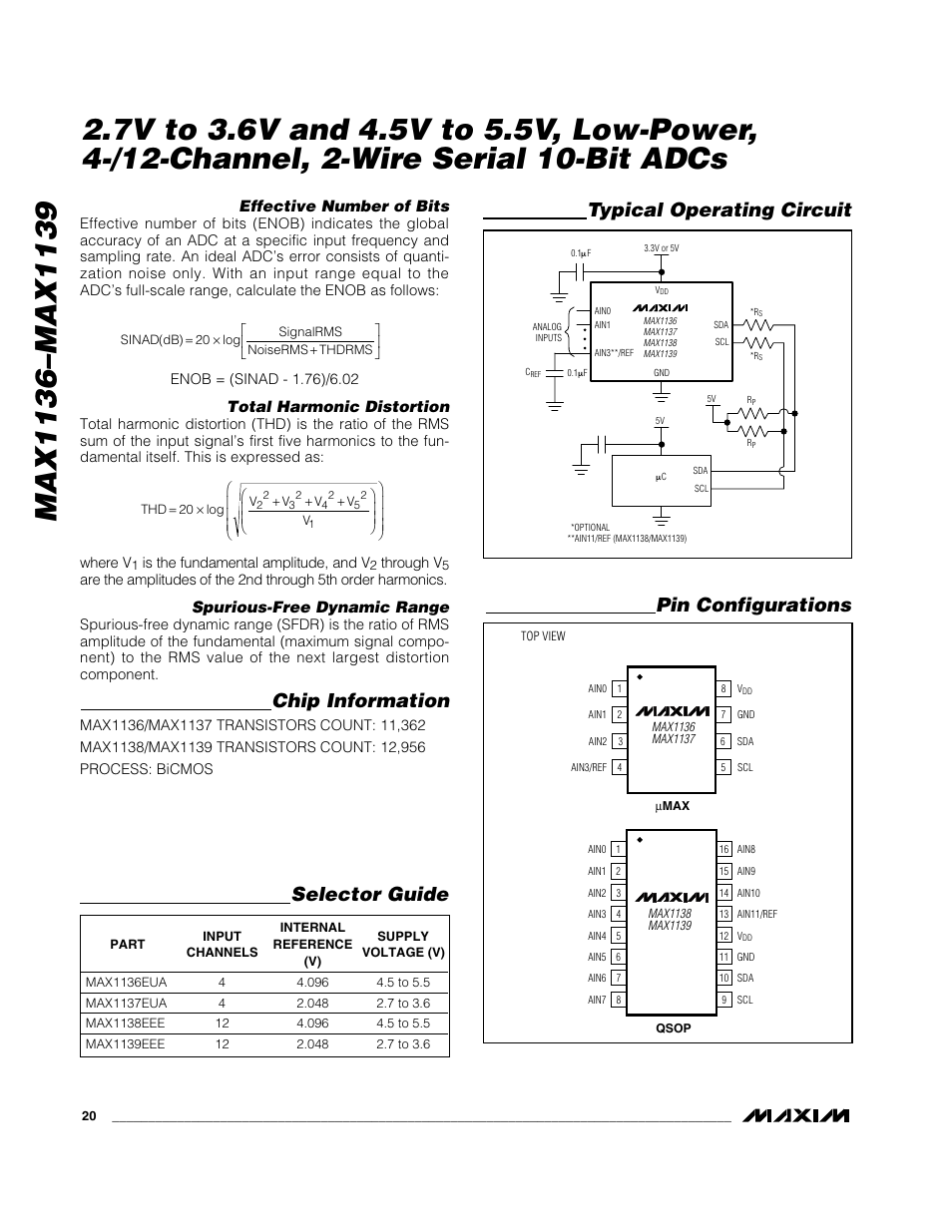 Chip information, Typical operating circuit, Pin configurations selector guide | Effective number of bits, Total harmonic distortion, Spurious-free dynamic range | Rainbow Electronics MAX1139 User Manual | Page 20 / 22