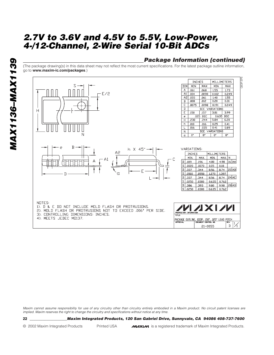 Package information (continued) | Rainbow Electronics MAX1139 User Manual | Page 22 / 22
