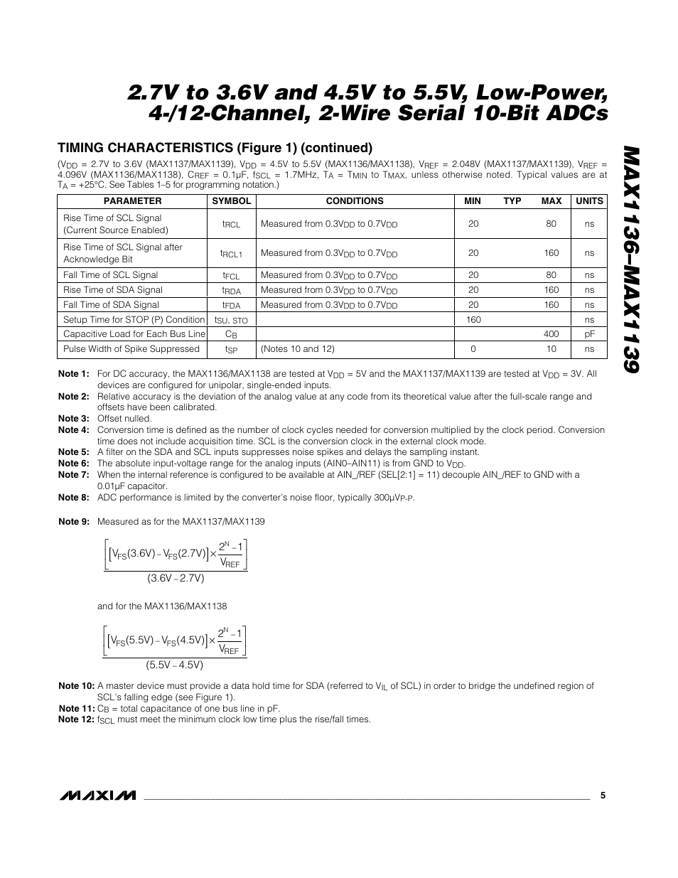 Timing characteristics (figure 1) (continued) | Rainbow Electronics MAX1139 User Manual | Page 5 / 22