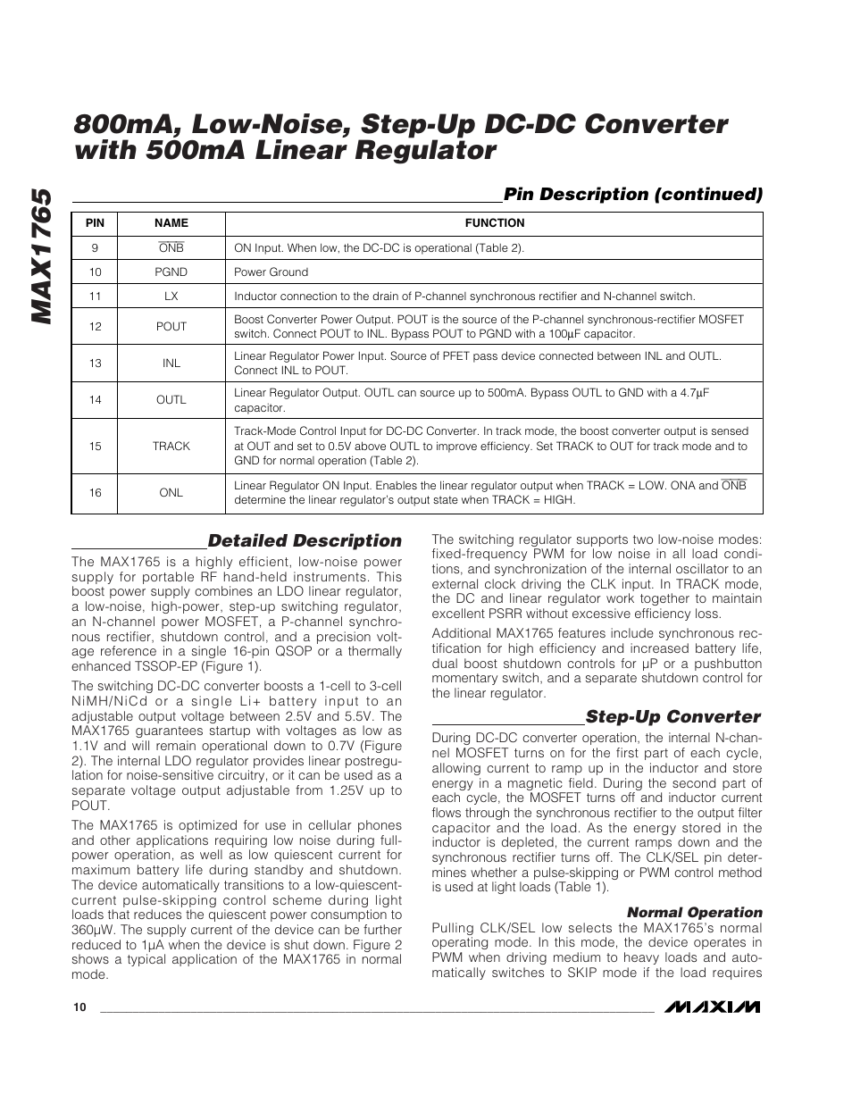 Max1765, Detailed description, Step-up converter | Pin description (continued) | Rainbow Electronics MAX1765 User Manual | Page 10 / 19