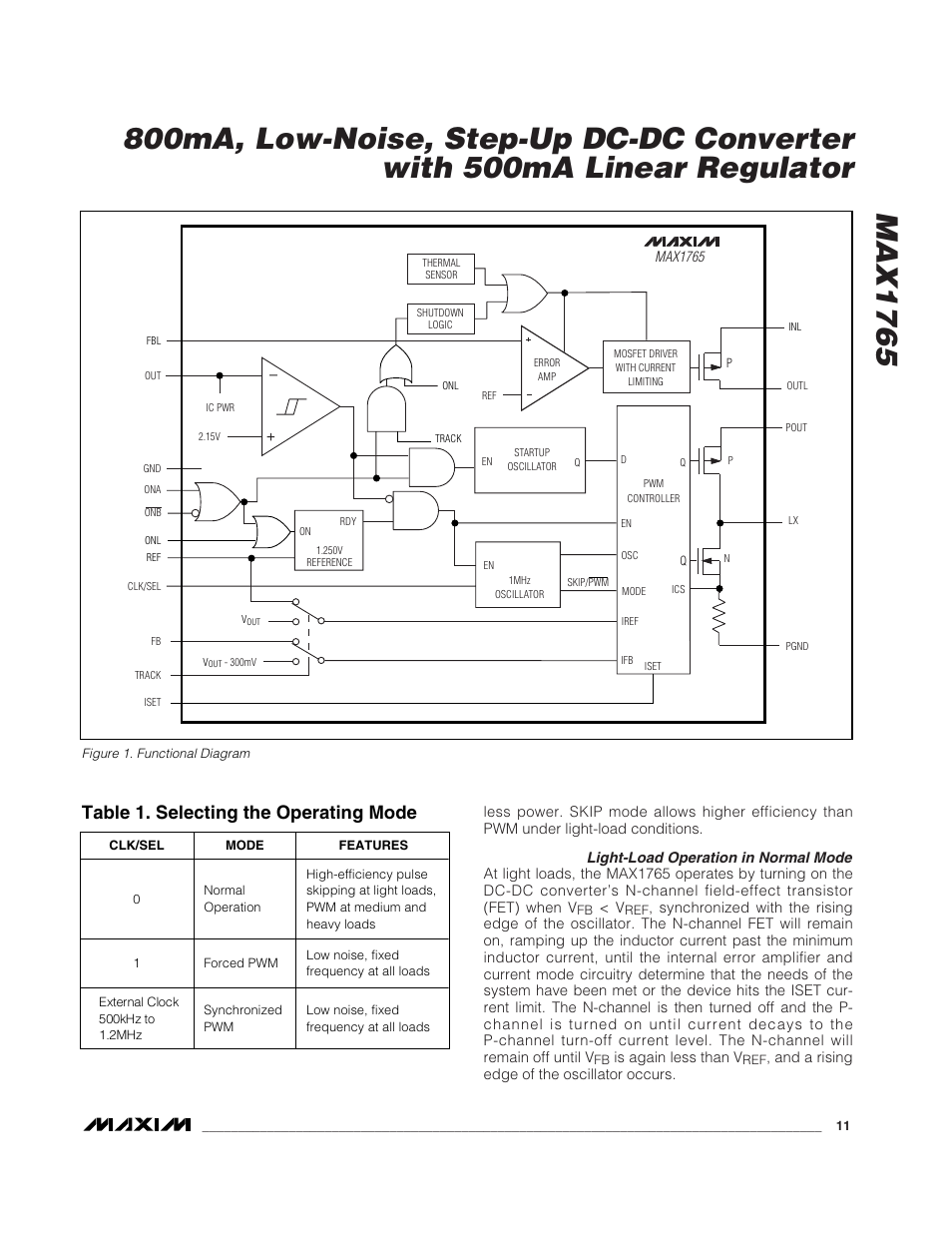 Table 1. selecting the operating mode | Rainbow Electronics MAX1765 User Manual | Page 11 / 19