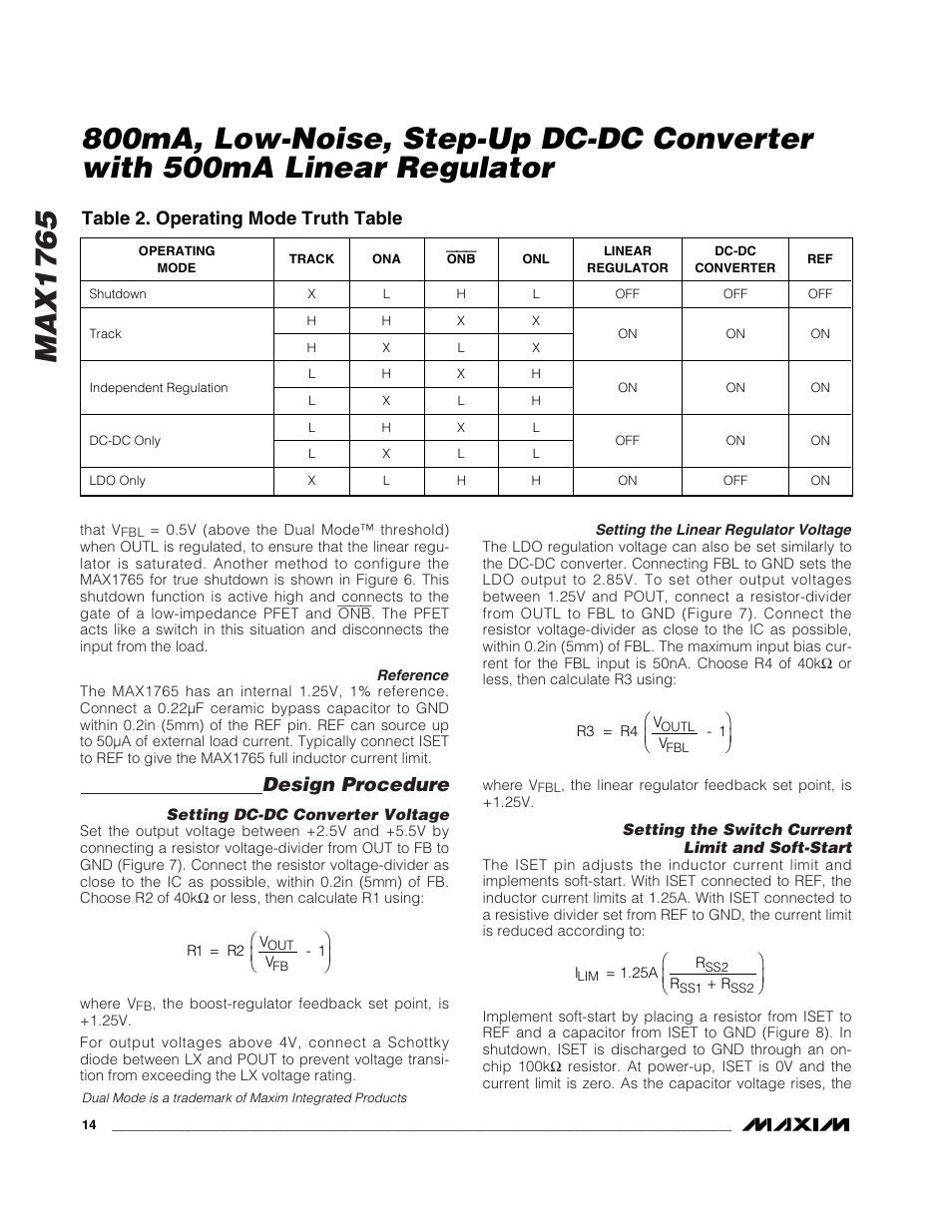 Max1765, Design procedure, Table 2. operating mode truth table | Rainbow Electronics MAX1765 User Manual | Page 14 / 19