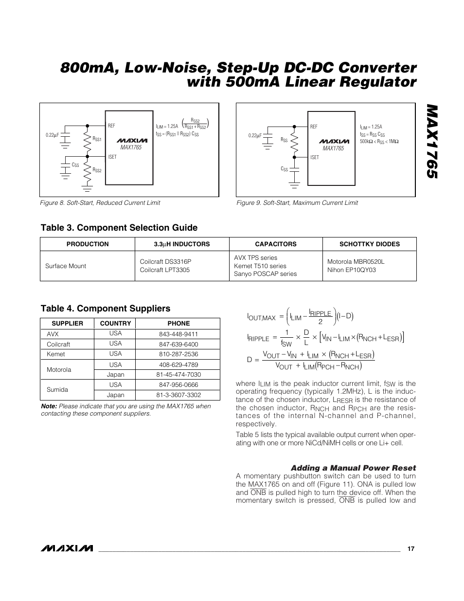 Table 3. component selection guide, Table 4. component suppliers | Rainbow Electronics MAX1765 User Manual | Page 17 / 19