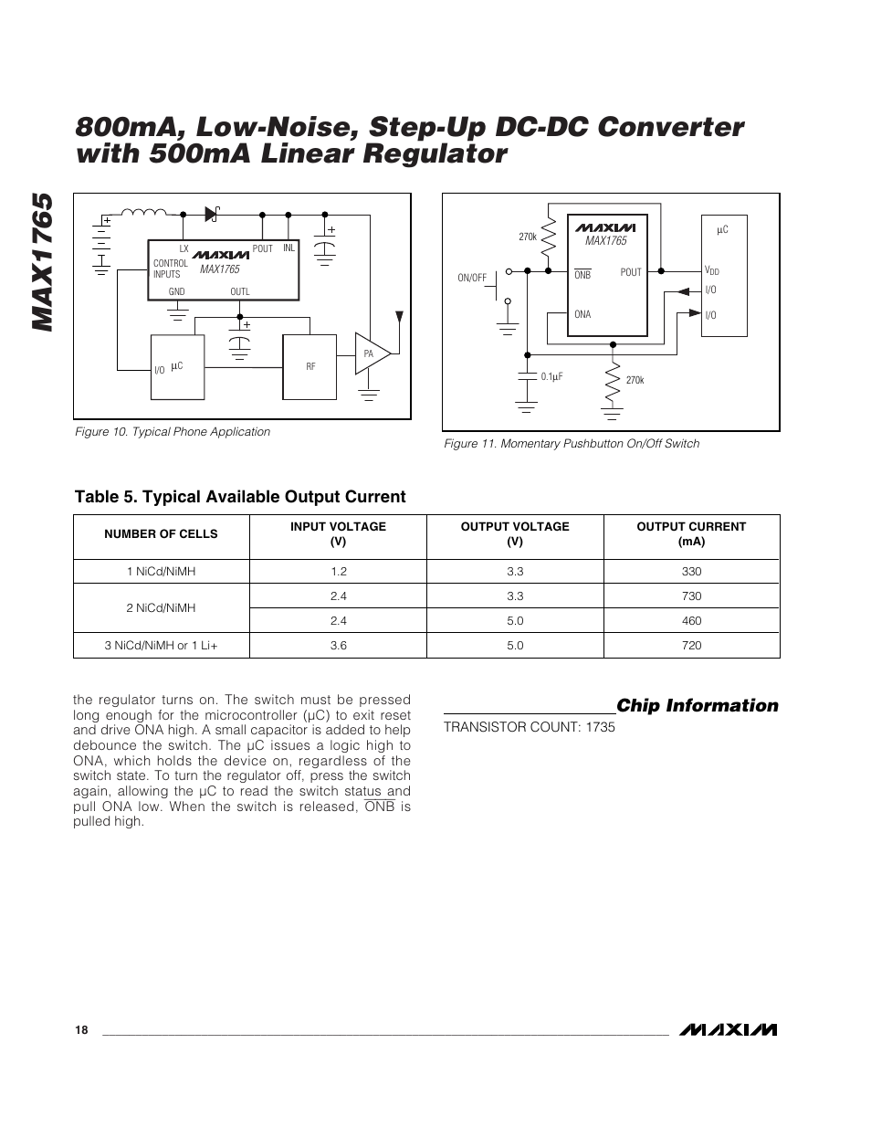 Max1765, Chip information, Table 5. typical available output current | Rainbow Electronics MAX1765 User Manual | Page 18 / 19