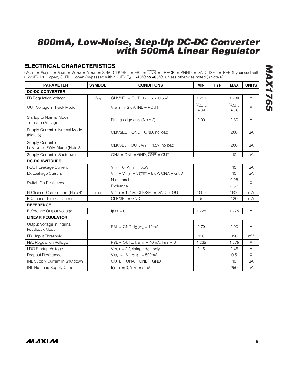 Electrical characteristics | Rainbow Electronics MAX1765 User Manual | Page 5 / 19