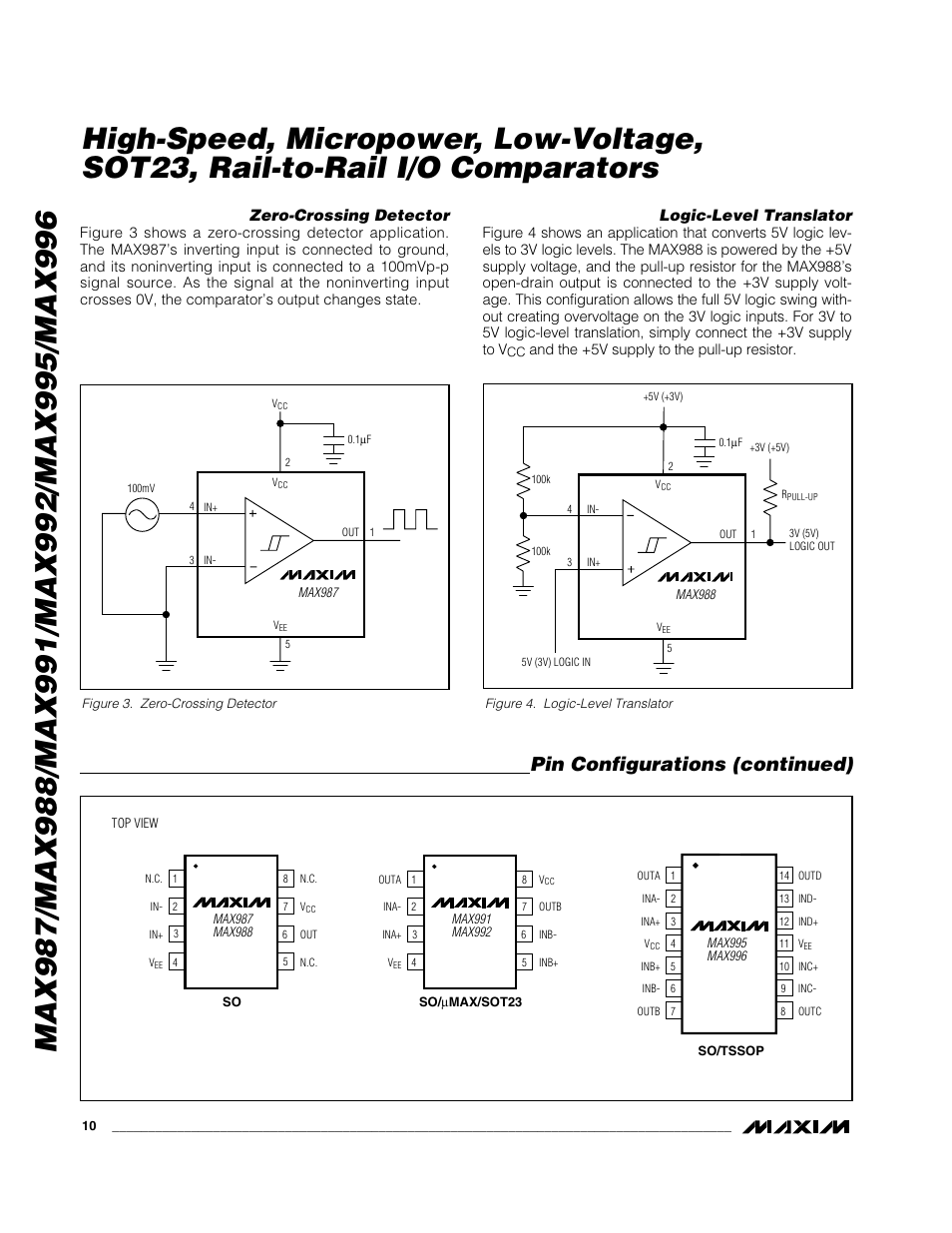 Pin configurations (continued), Zero-crossing detector, Logic-level translator | Rainbow Electronics MAX996 User Manual | Page 10 / 12