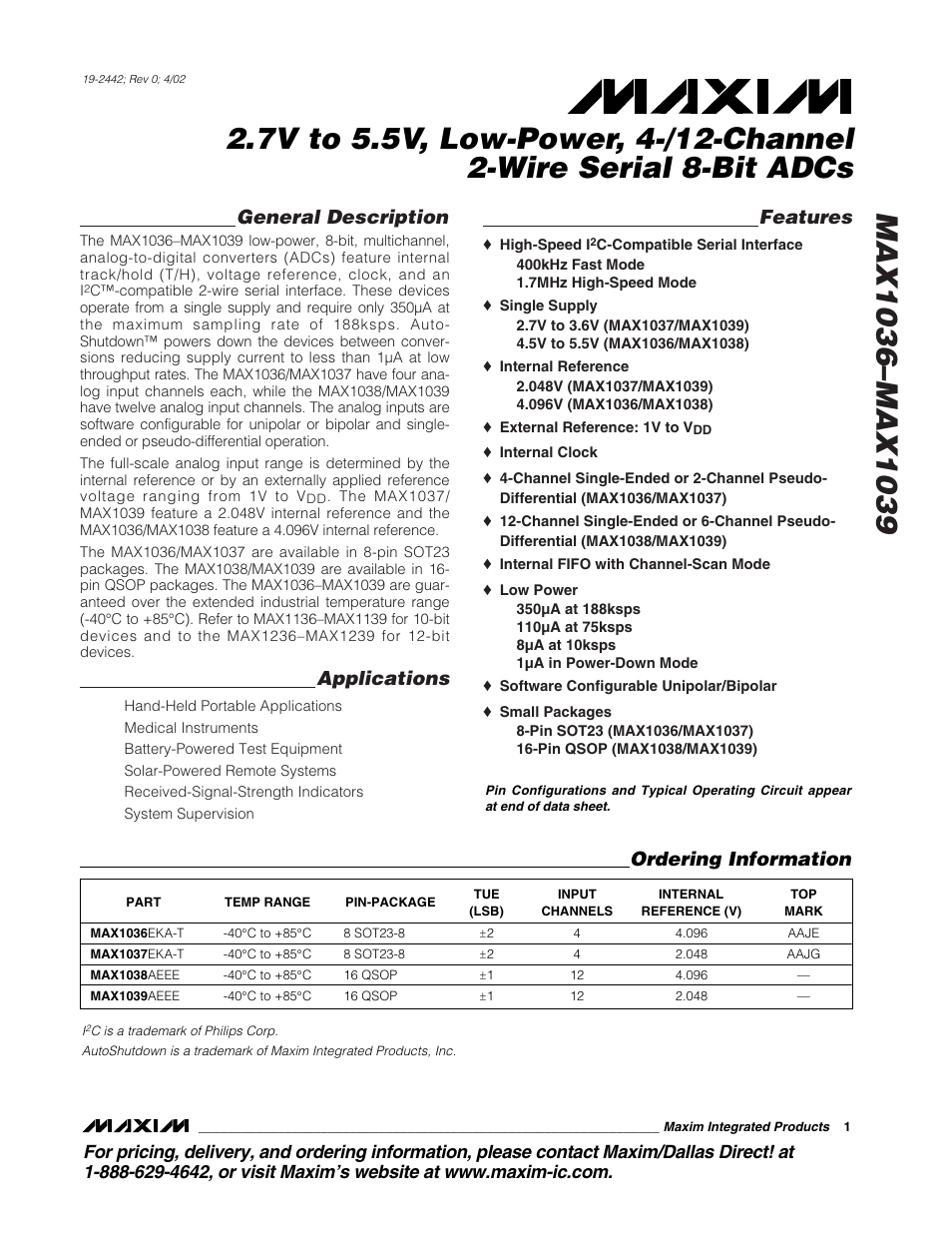 Rainbow Electronics MAX1039 User Manual | 22 pages
