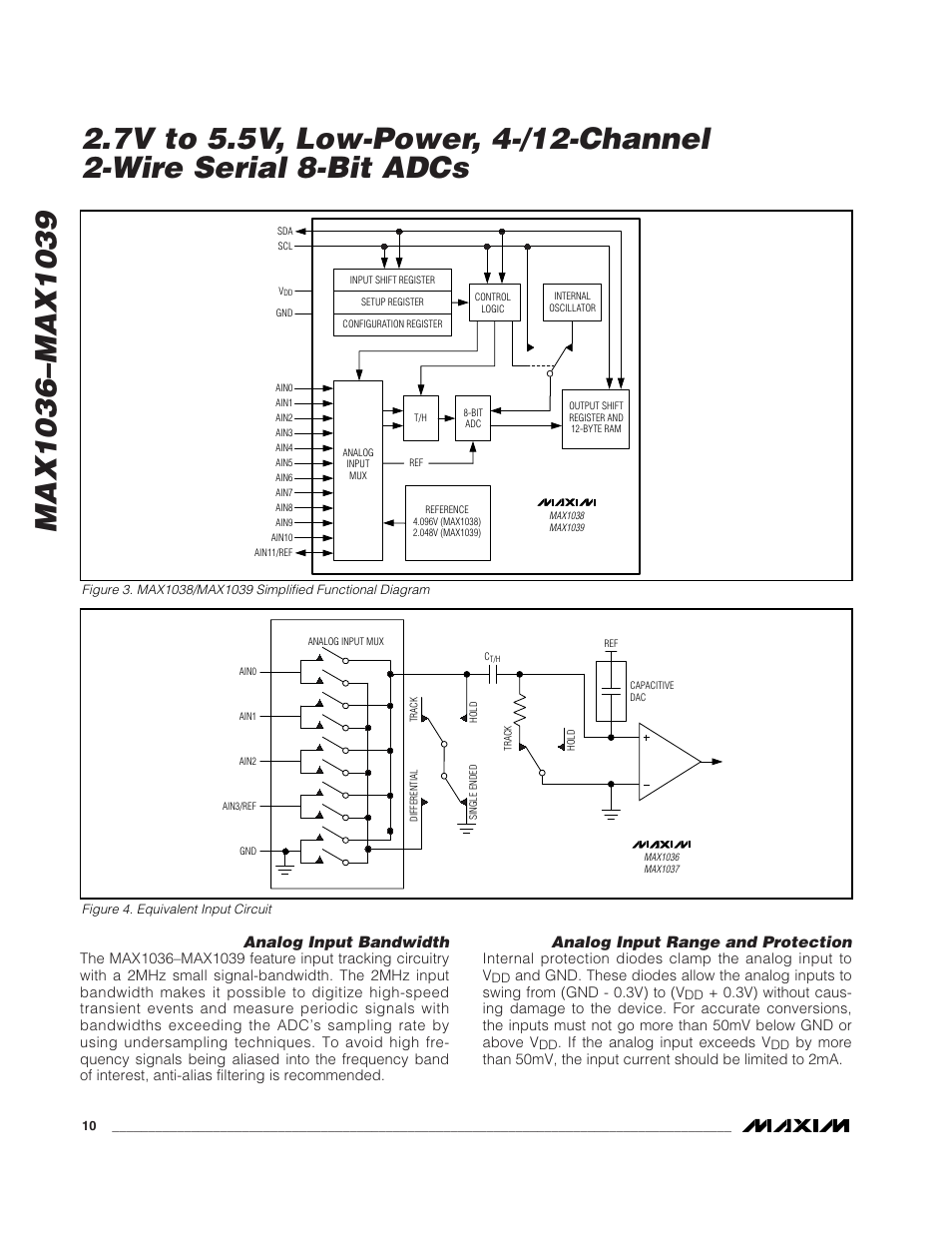 Analog input bandwidth, Analog input range and protection | Rainbow Electronics MAX1039 User Manual | Page 10 / 22