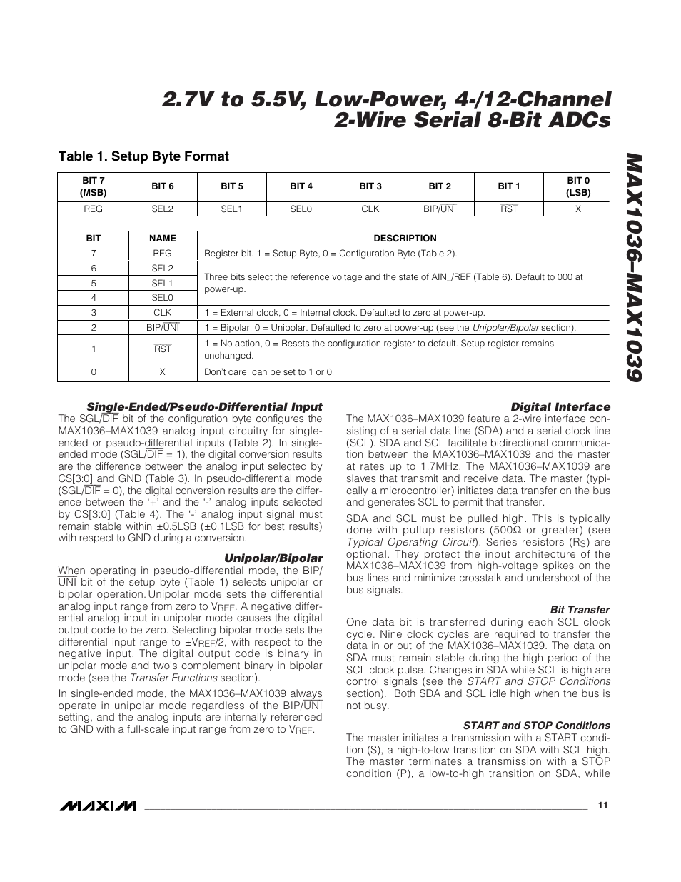 Table 1. setup byte format | Rainbow Electronics MAX1039 User Manual | Page 11 / 22