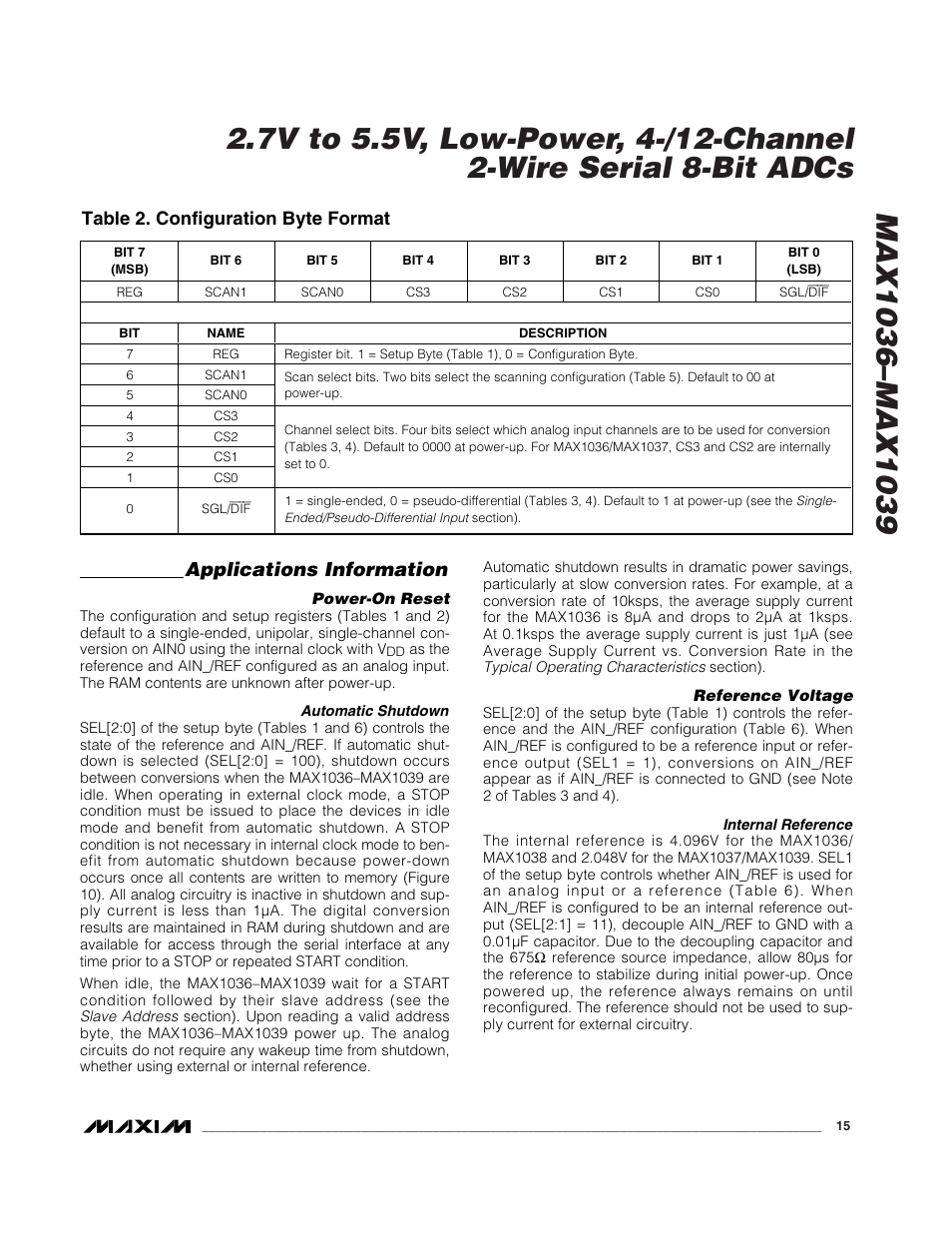 Applications information, Table 2. configuration byte format | Rainbow Electronics MAX1039 User Manual | Page 15 / 22