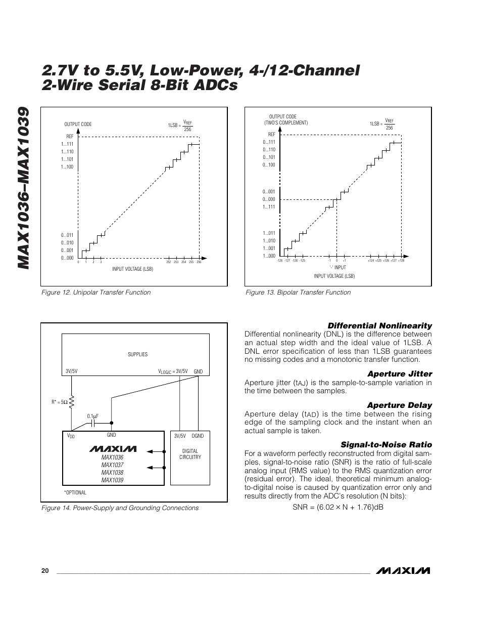 Differential nonlinearity, Aperture jitter, Aperture delay | Signal-to-noise ratio, Aperture jitter (t, Aperture delay (t, N + 1.76)db | Rainbow Electronics MAX1039 User Manual | Page 20 / 22