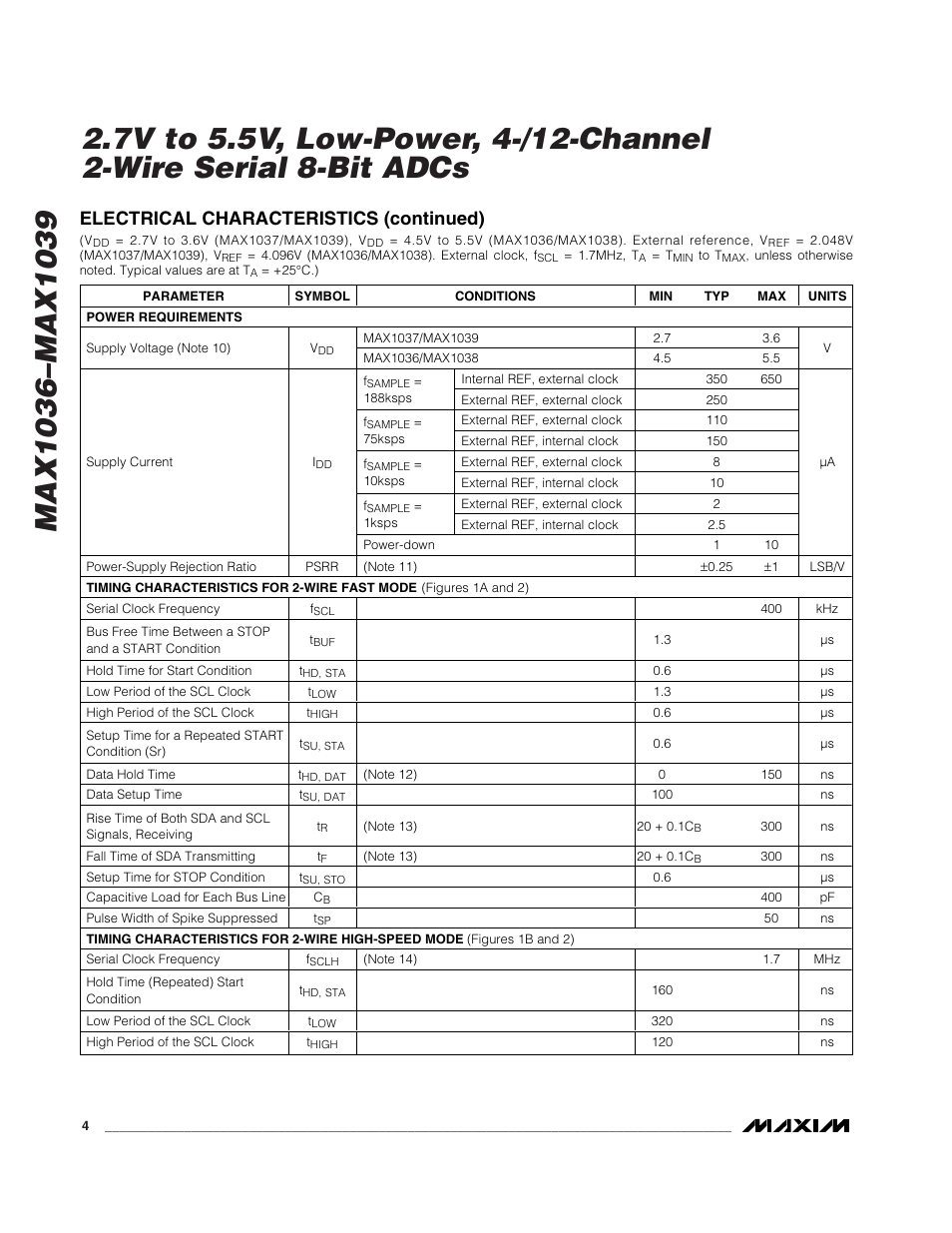 Electrical characteristics (continued) | Rainbow Electronics MAX1039 User Manual | Page 4 / 22