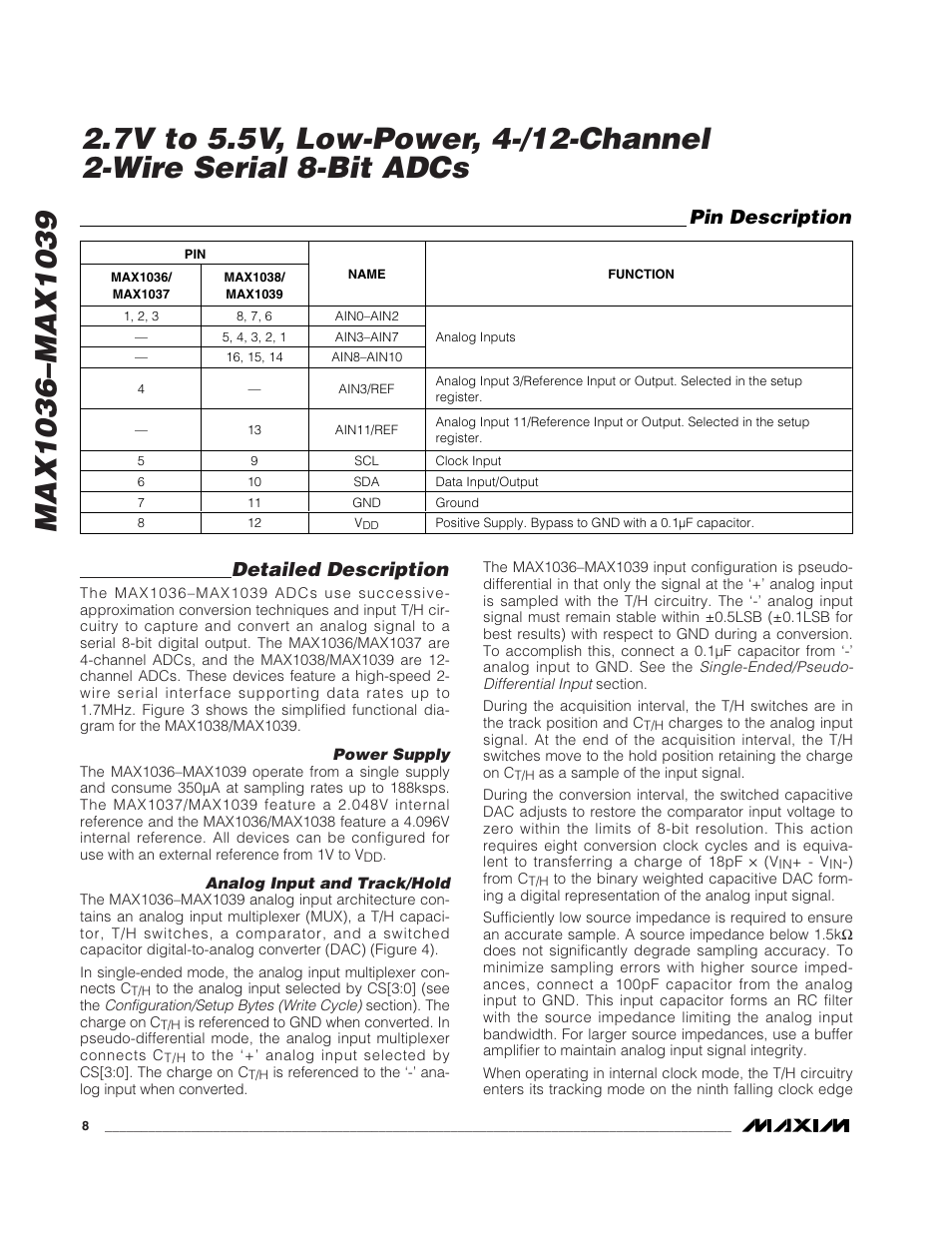 Detailed description, Pin description | Rainbow Electronics MAX1039 User Manual | Page 8 / 22